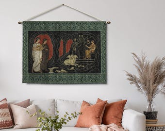 May include: A tapestry wall hanging with a dark green border and a central image depicting a classical scene. The artwork features figures in draped clothing, a skeletal figure, and a white animal, set against a dark background with red accents.