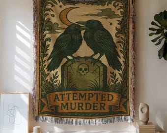 Gothic Raven Cotton Woven Blanket: Spooky Halloween Tapestry