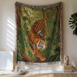 Tiger Woven Blanket: Cotton Jacquard Throw, Jungle Tapestry
