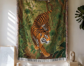 Tiger-Webdecke: Baumwoll-Jacquard-Überwurf, Dschungel-Wandteppich
