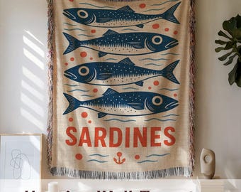 Sardine Woven Cotton Blanket: Nautical Coastal Decor, Tapestry Throw