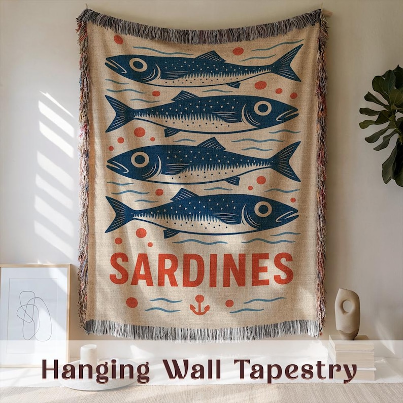Sardines art wall decor, nautical wall hanging, ocean-themed wall tapestry, coastal home decor, fish design art, sea life wall art