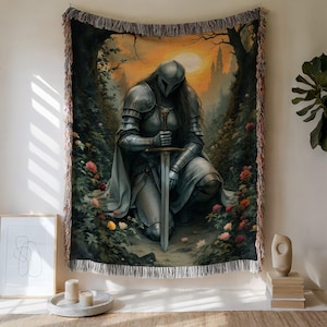 Medieval Knight Tapestry: Castlecore Woven Blanket, Gothic Wall Hanging
