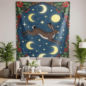 Celestial Hare Tapestry: Moon & Stars, Witchy Bohemian Decor