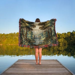 Nature tapestry blanket, rustic scenery throw blanket, forest landscape wall hanging, cozy outdoor decor, unique gift idea