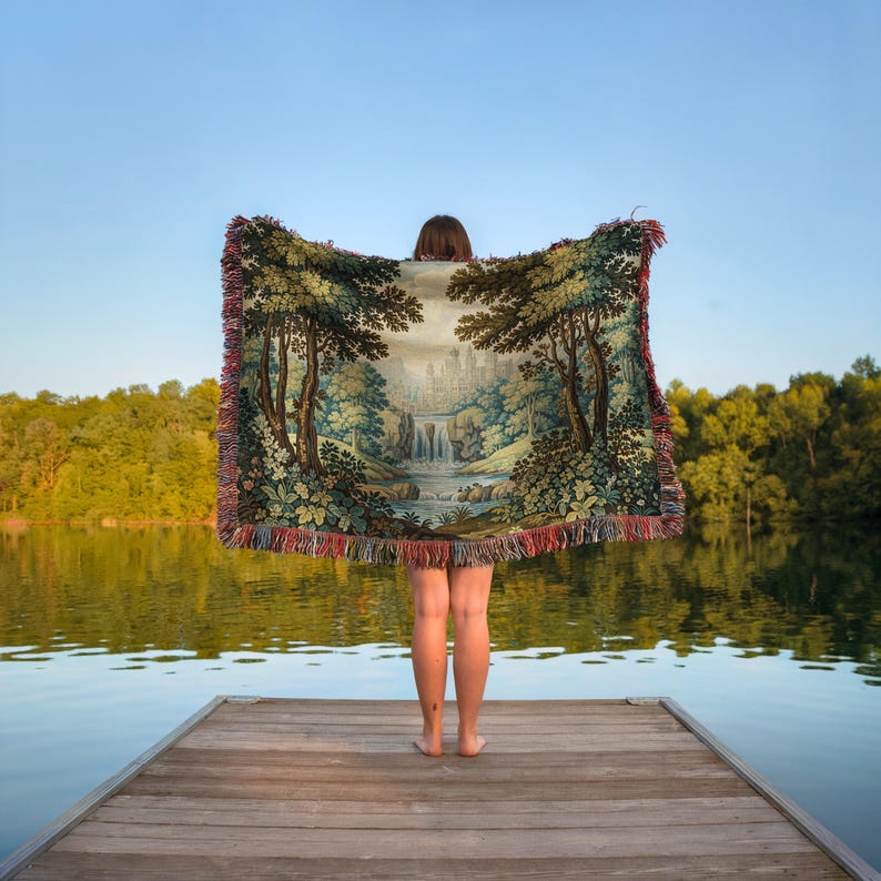 Nature tapestry blanket, rustic scenery throw blanket, forest landscape wall hanging, cozy outdoor decor, unique gift idea