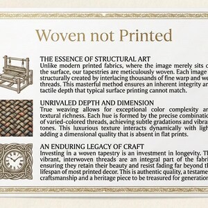 May include: A rectangular informational sign with a gold border and four corner pins. The text reads Woven not Printed, The Essence of Structural Art, Unrivaled Depth and Dimension, and An Enduring Legacy of Craft, accompanied by illustrations of a loom, a woven fabric texture, and a clock.