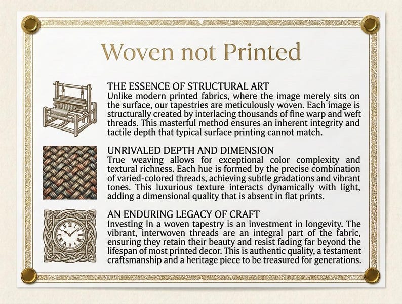 May include: A rectangular informational sign with a gold border and four corner pins. The text reads Woven not Printed, The Essence of Structural Art, Unrivaled Depth and Dimension, and An Enduring Legacy of Craft, accompanied by illustrations of a loom, a woven fabric texture, and a clock.