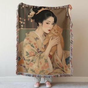 Japanese Geisha Woven Cotton Blanket: Asian Floral Art Throw