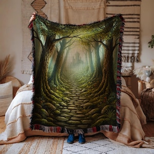 Enchanted Forest Woven Blanket: Castle Tapestry, Cottagecore Throw
