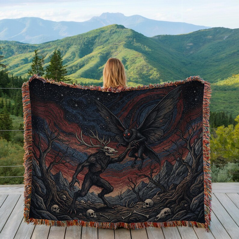 Mystical Creature Blanket, Mythical Mothman and Deer Head Skeleton Throw, Gothic Home Decor, Dark Fantasy Tapestry Blanket