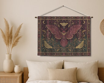 Moth Woven Tapestry, Gothic Mystical Forest Wall Art