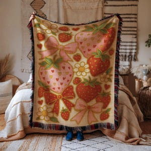 Strawberry Cotton Woven Throw Blanket: Cottagecore Tapestry