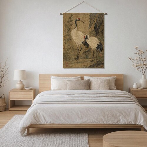 Tapisserie tissée grues japonaises : art mural bohème asiatique, décoration de chambre orientale