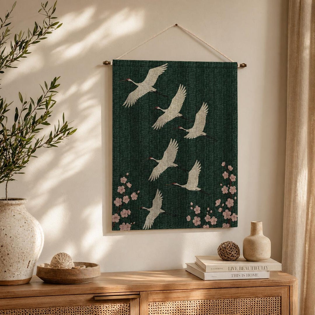Japanese Crane Woven Tapestry: Asian Scroll Art Wall Hanging