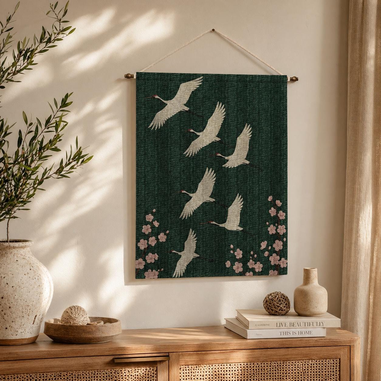 Japanese Crane Woven Tapestry: Asian Scroll Art Wall Hanging