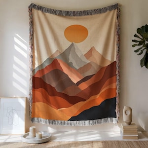 Boho Woven Cotton Blanket: Sunset Mountain Tapestry Throw
