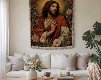 Manta tejida cristiana de Jesús: Tapiz religioso para colgar en la pared