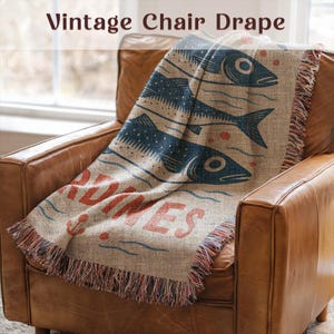 Vintage Chair Drape, Fish Print Throw Blanket, Rustic Home Decor, Coastal Living Room Accent, Unique Sofa Cover, Nautical Theme