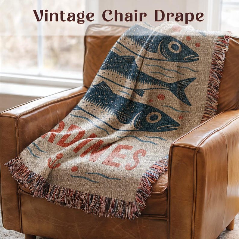 Vintage Chair Drape, Fish Print Throw Blanket, Rustic Home Decor, Coastal Living Room Accent, Unique Sofa Cover, Nautical Theme
