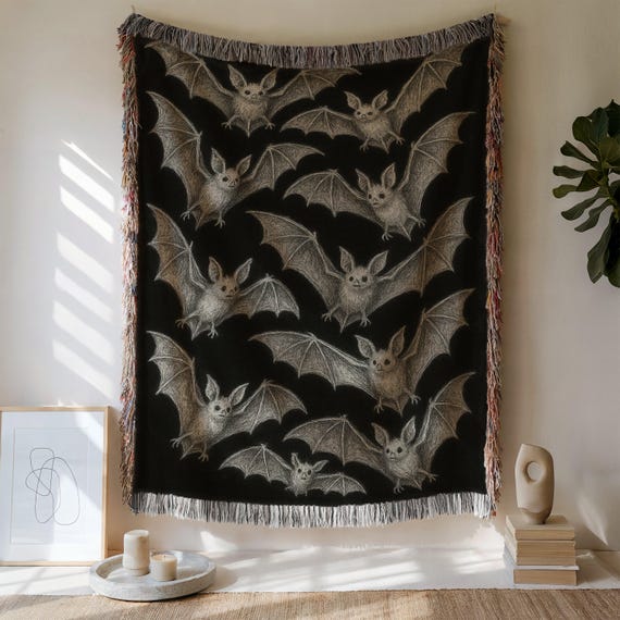 Bat Cotton Woven Blanket: Spooky Halloween Tapestry, Gothic Home Decor