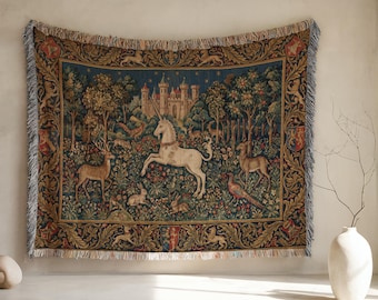 Couverture tissée tapisserie licorne, art médiéval fantastique, fil 100 % coton