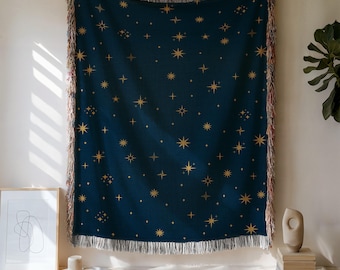 Gold Star Woven Blanket | Celestial Night Sky Tapestry | Rustic Midnight Galaxy Cotton Throw Art
