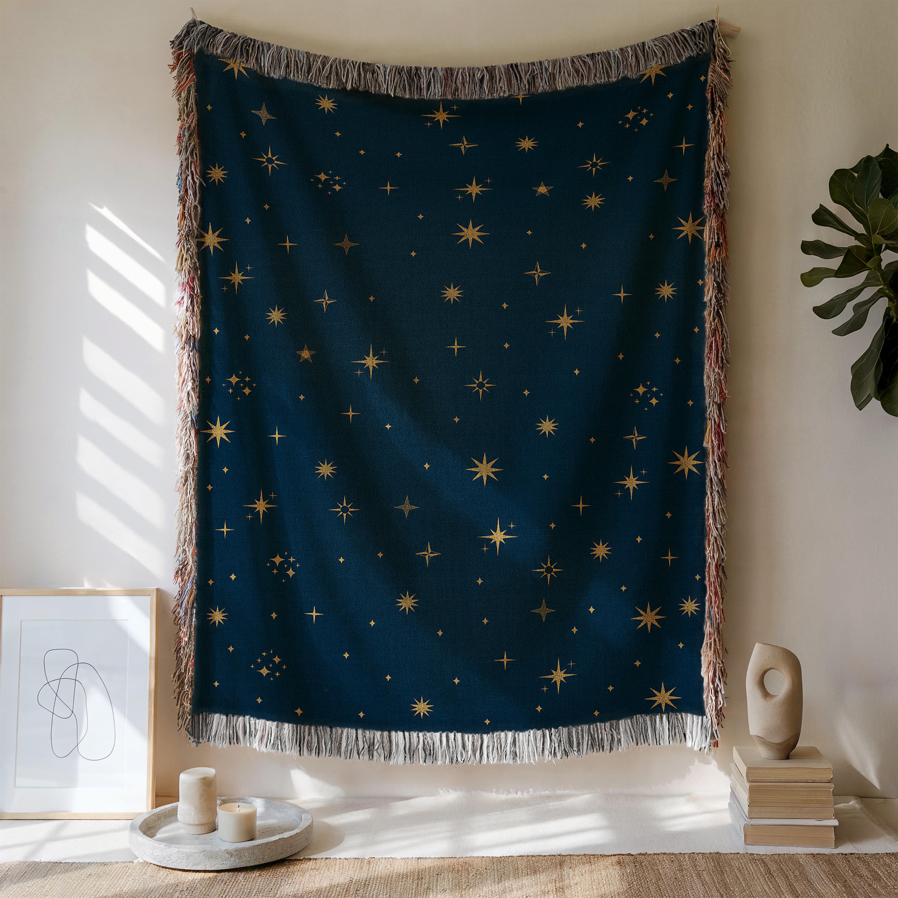 Gold Star Woven Blanket | Celestial Night Sky Tapestry | Rustic