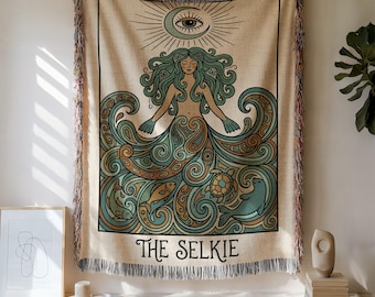 Couverture tissée Selkie Art, tapisserie bohème, décoration murale sirène et océan