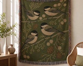 Tapiz de manta tejida Chickadee: Manta de algodón verde para observar aves, tapiz de pared para observar aves