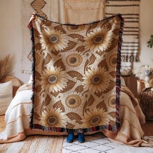 Sunflower Woven Cotton Blanket: Boho Farmhouse Decor