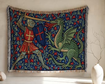 Knight and Dragon Woven Blanket: Medieval Jacquard Tapestry Throw
