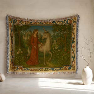 Enchanted Unicorn Woven Blanket: Medieval Tapestry Throw