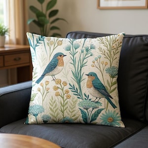 Botanical Birds Throw Pillow: Floral Nature Cushion, Cottage Decor