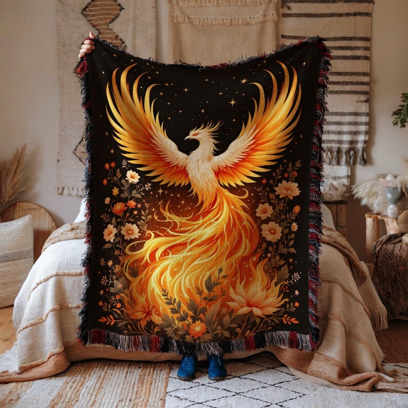 Phoenix Rising Blanket, Fire Bird Tapestry, Vibrant Animal Throw, Cozy Mythical Creature Decor, Living Room Accent Blanket