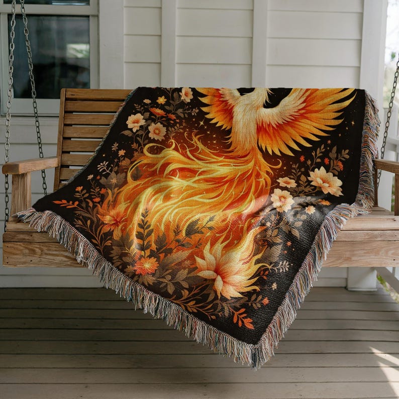 Phoenix Blanket, Cozy Throw Blanket, Warm Firebird Blanket, Floral Pattern Blanket, Artistic Gift Idea, Living Room Decor