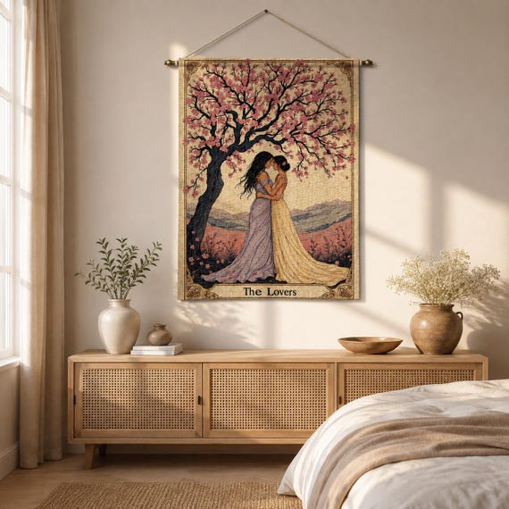 The Lovers Woven Tapestry | Lesbian Romantic Wall Hanging | Rustic