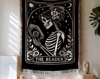The Reader Tarot Woven Blanket: Gothic Tapestry Wall Hanging, Bookish Skeleton Cotton Throw