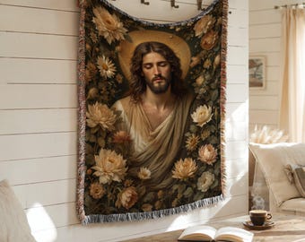 Jesus Woven Blanket: Christian Tapestry Throw, Religious Home Decor