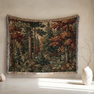 Manta tejida con paisaje forestal / Tapiz de pared con motivos de bosque, manta acogedora