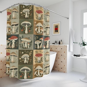 Mushroom Shower Curtain: Cottagecore Botanical Bath Decor