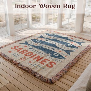 Indoor woven rug with sardines design, Decorative floor mat for living room, Bohemian style area rug, Rustic vintage home decor