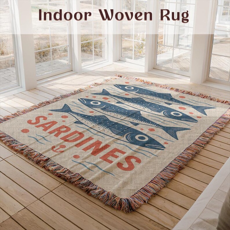 Indoor woven rug with sardines design, Decorative floor mat for living room, Bohemian style area rug, Rustic vintage home decor