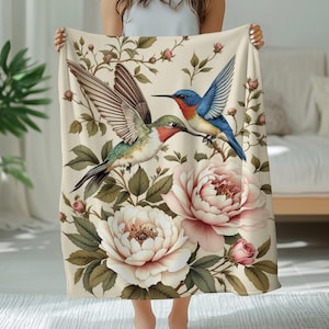 Hummingbird Floral Blanket, Plush Blanket, Baby Blanket, Nature Lover Gift, Bird Art, Home Decor, Unique Design, Cozy Blanket