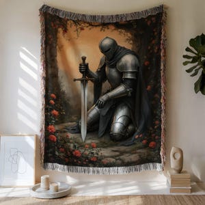 Knight in Armour Woven Blanket: Medieval Castlecore Tapestry