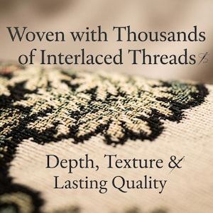 Puede incluir: Primer plano de tela tejida con un patr&oacute;n floral detallado en tonos verdes, negros y beige. El texto dice "Woven with Thousands of Interlaced Threads" y "Depth, Texture & Lasting Quality."