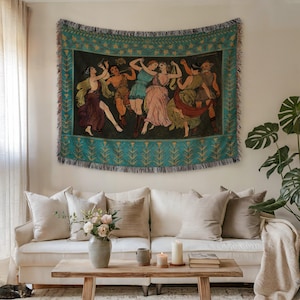 Ancient Greek Art Woven Cotton Blanket: Mythology Tapestry Wall Hanging