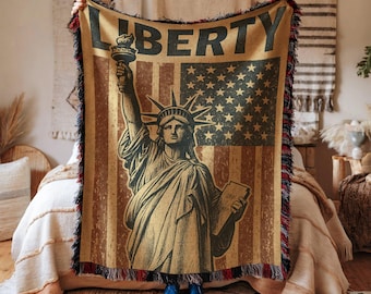 Statue of Liberty Woven Cotton Blanket: Patriotic Tapestry Throw