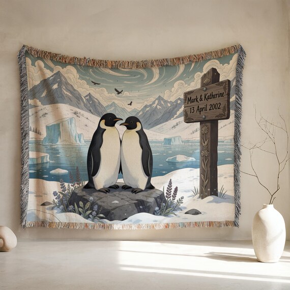 Personalized Penguin Woven Cotton Blanket, Anniversary Gift
