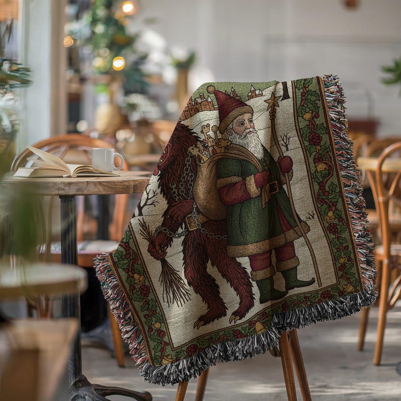 Santa and Bear Blanket, Christmas Tapestry Throw, Holiday Winter Scene Decor, Festive Santa Claus Blanket, Cozy Winter Home Decor
